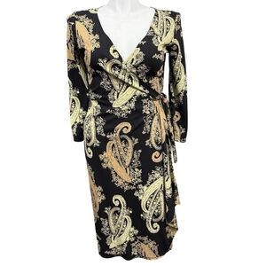 BCBG Max Azria Wrap Dress Black Gold Paisley Print Long Sleeve Midi Size L